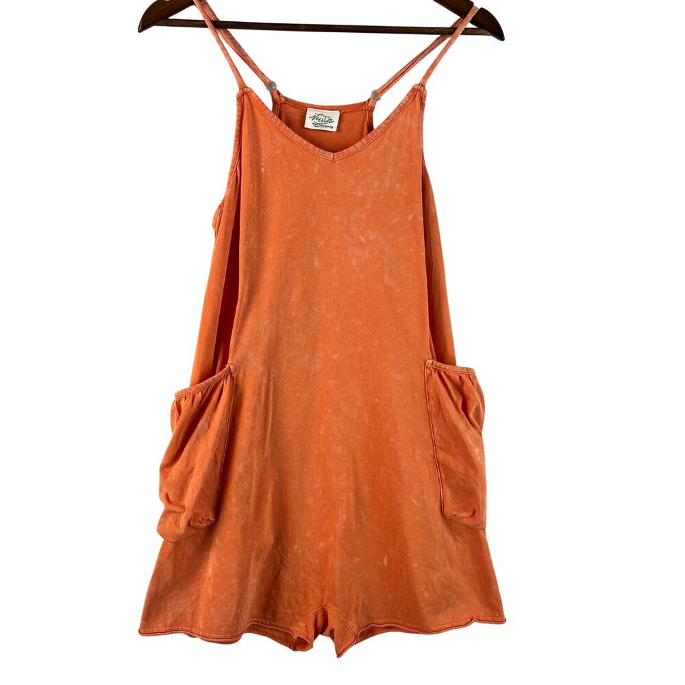 Newin Womens Romper SZ M Orange Mineral Wash V-Neck Spaghetti Strap Pockets
